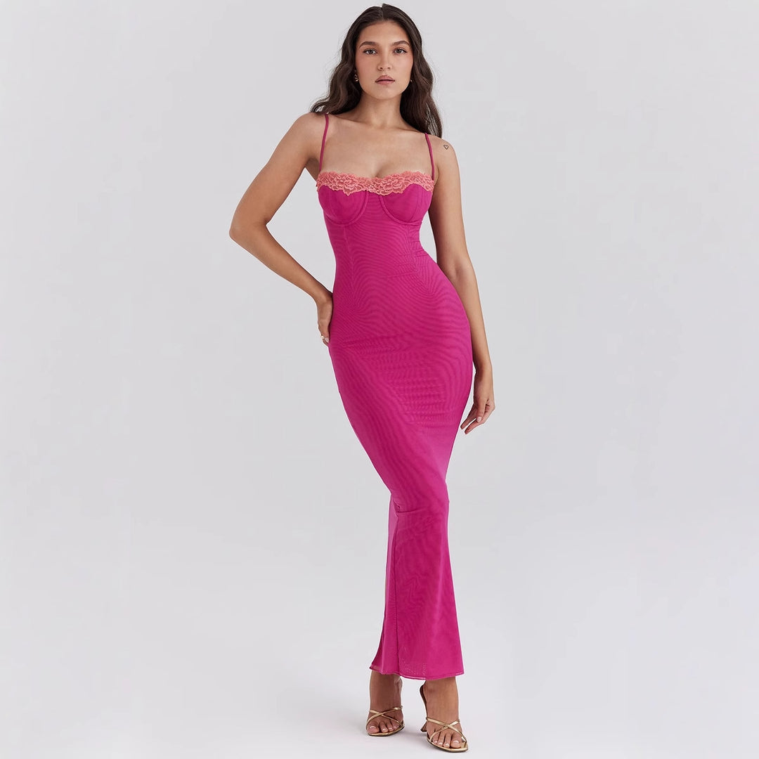 Women's fitted maxi dress with transparent hem and romantic lace accent Lisslune
