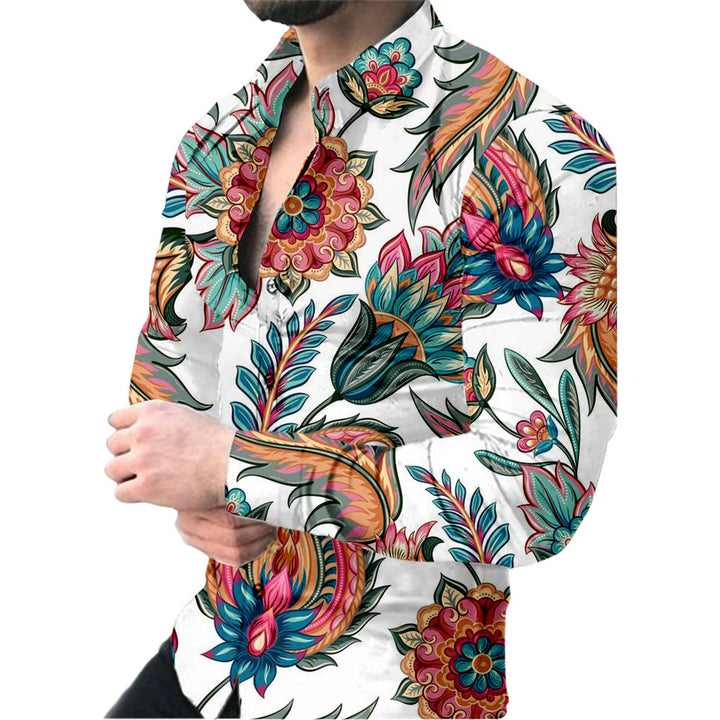 Men's Long Sleeve Shirt with Colorful Floral Pattern and Modern Stand-Up Collar Lisslune