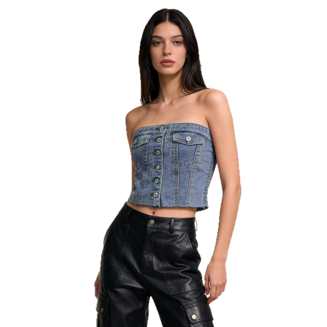 Women's Denim Bustier Top with Button Detail and Fringes Lisslune