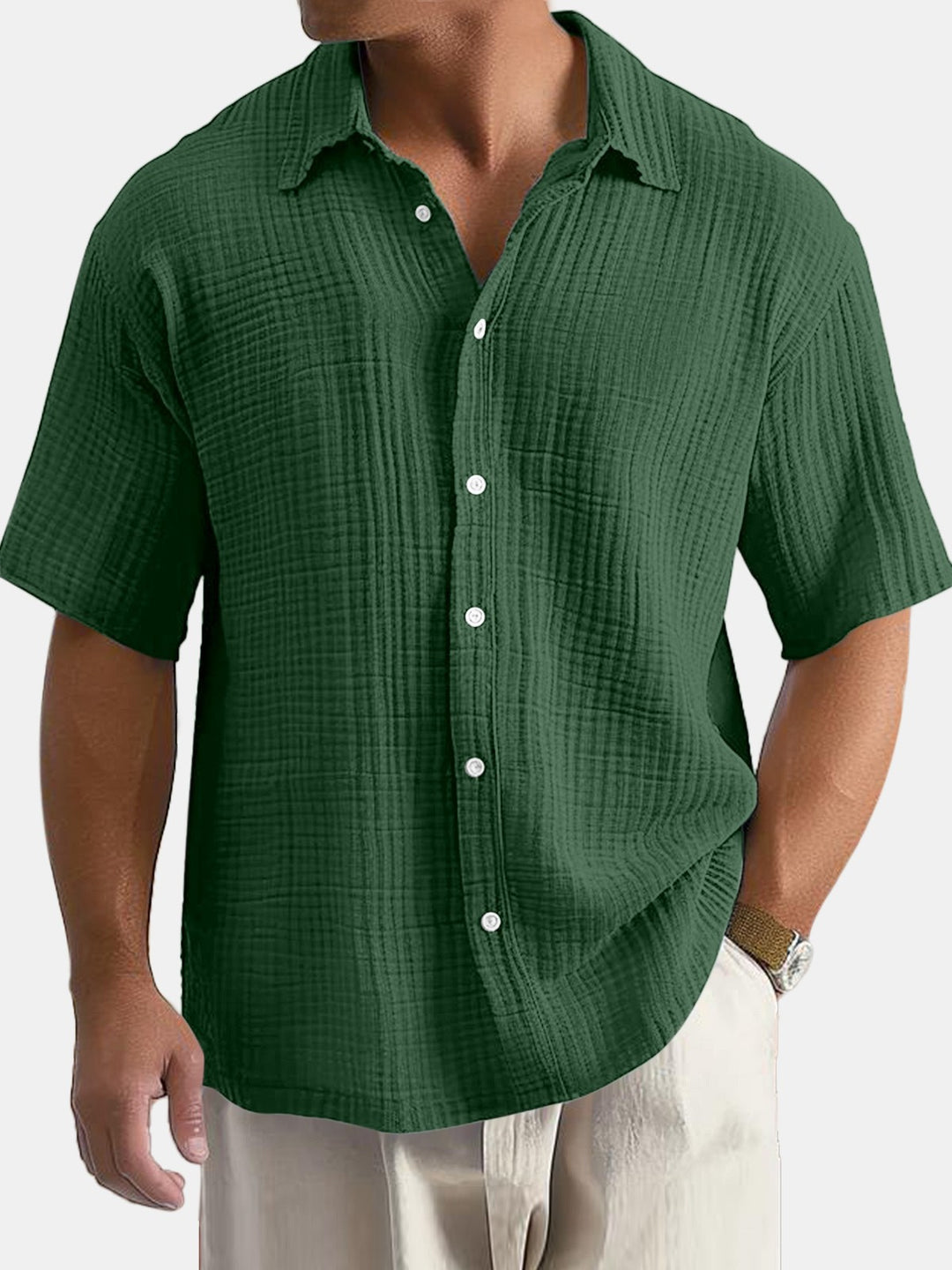 Men's short-sleeve shirt with textured cotton fabric and breathable fit Lisslune