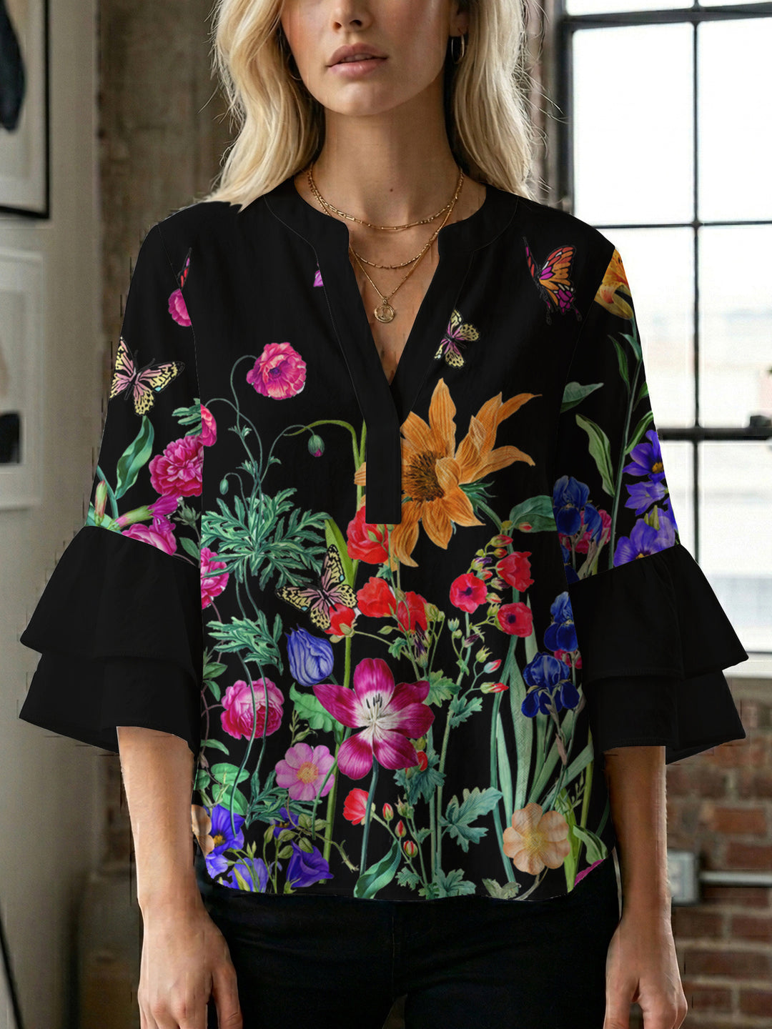 Women's casual blouse with ruffled sleeves and botanical print Lisslune