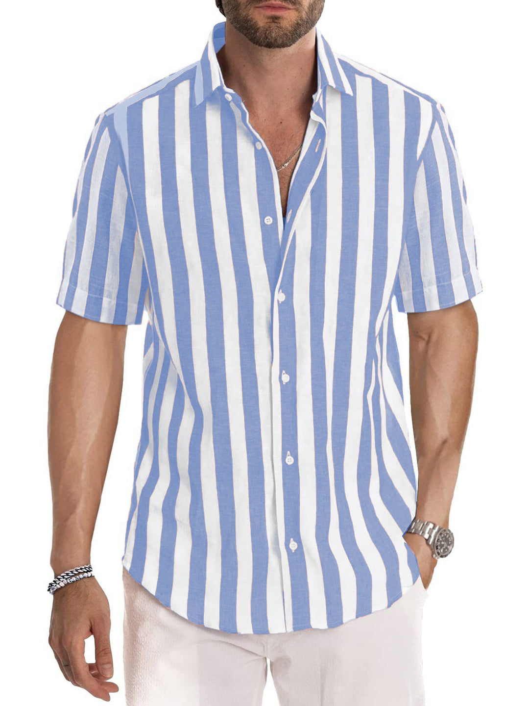 Men's Shirt Made of Lightweight, Breathable Cotton-Linen Blend with Modern Stripe Pattern Lisslune