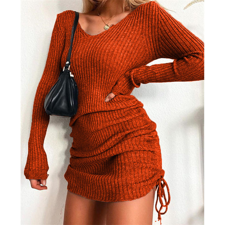 Damen Strick Mini-Kleid mit Raffung und V-Ausschnitt Lisslune