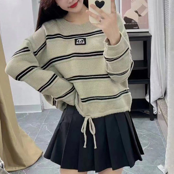 Women's striped sweater with stylish drawstring and casual oversized fit