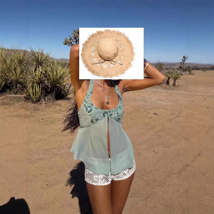 Ladies airy flowing beach top with ruffle details and transparent trim Lisslune