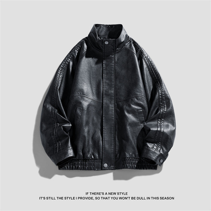 Men's stylish artificial leather jacket with high collar and practical zippered pockets Lisslune