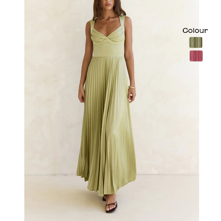 Women's Pleated Maxi Dress with Flattering V-Neck and Feminine Design