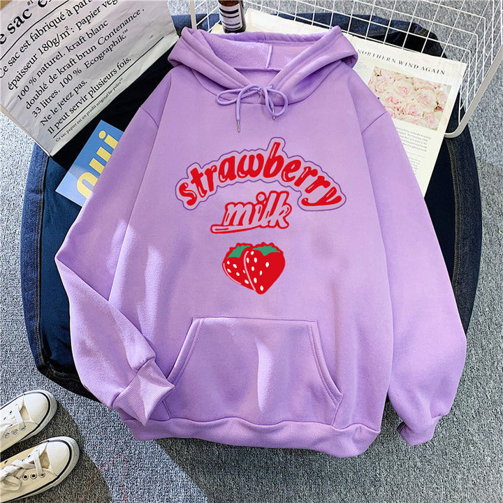 Ladies hooded sweatshirt with cheerful strawberry milk design Lisslune