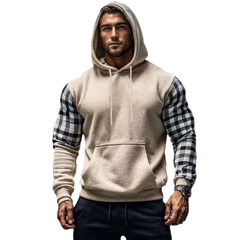 Men's hoodie with stylish checkered pattern on the sleeves and practical kangaroo pocket Lisslune