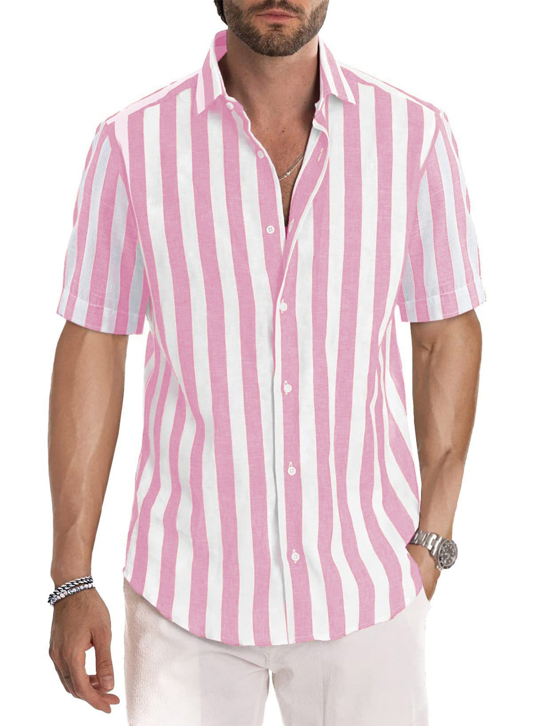 Men's Shirt Made of Lightweight, Breathable Cotton-Linen Blend with Modern Stripe Pattern Lisslune