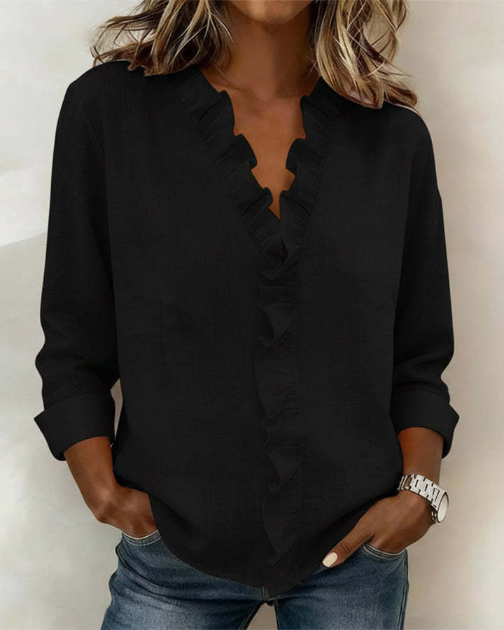Women romantic blouse with ruffle details and V-neck Lisslune