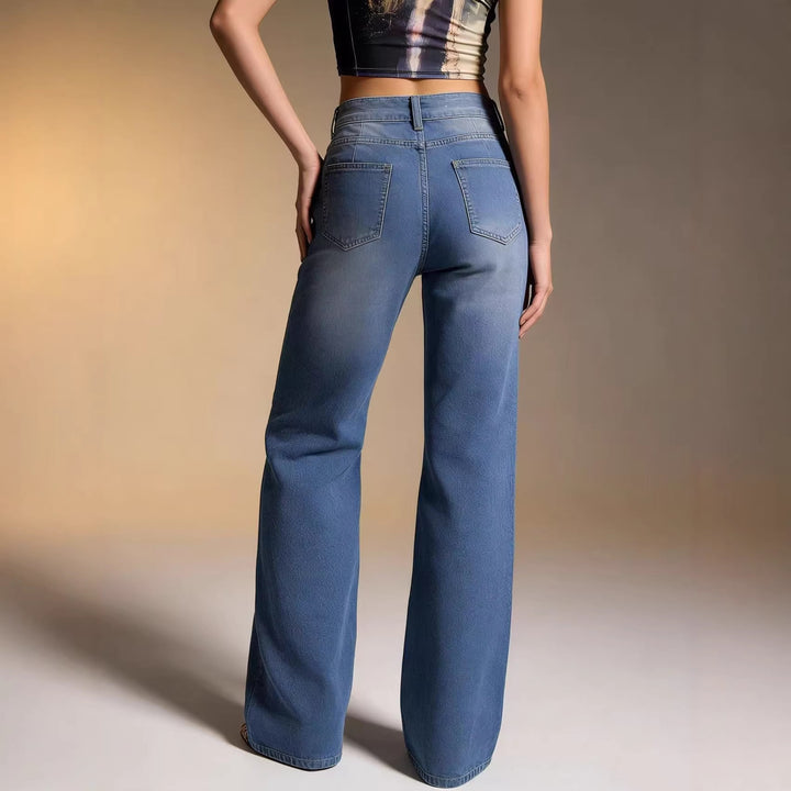 Damen weite Denim-Hose mit Vintage-Waschung und hoch geschnittenem Bund Lisslune