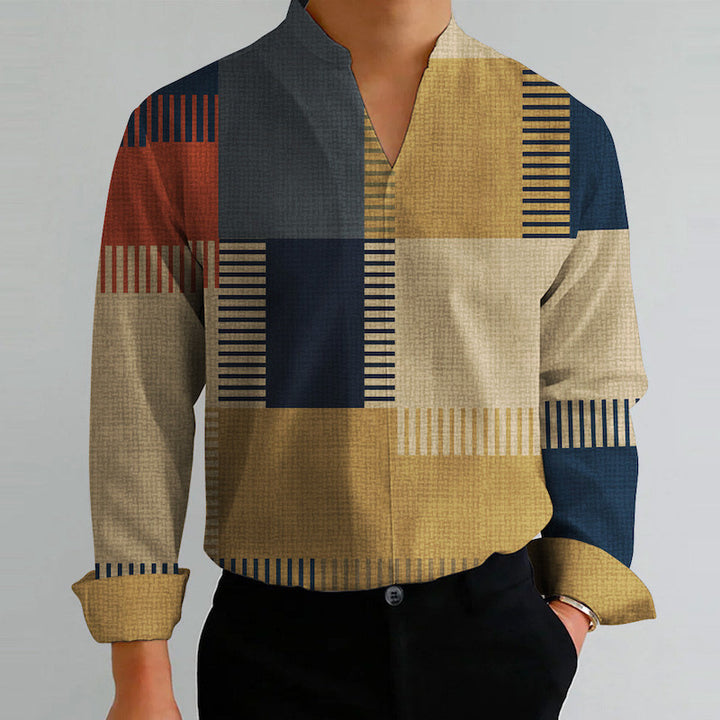 Men's long sleeve shirt with modern V-neck and textured stripe pattern Lisslune