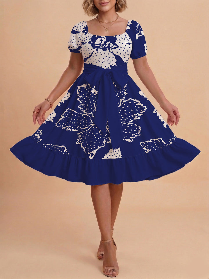 Women A-line dress with floral motifs and adjustable belt Lisslune