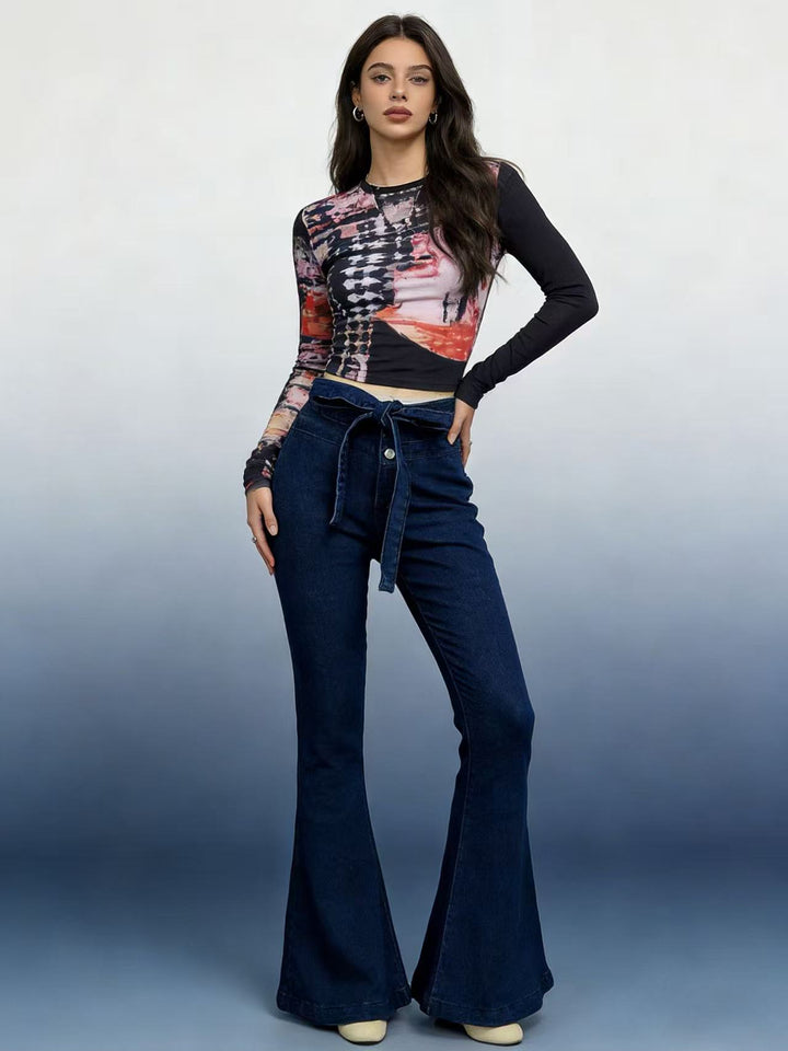 Women Flared Jeans with Belt and High Waist Lisslune