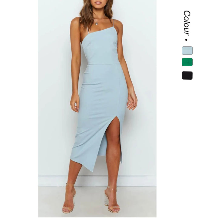 Women's sheath dress with asymmetrical hem and high slit