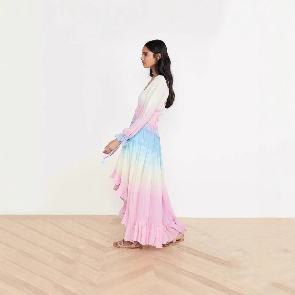 Women's maxi dress with ruffle details and elastic top
