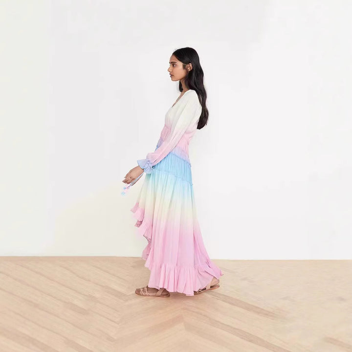 Women's maxi dress with ruffle details and elastic top