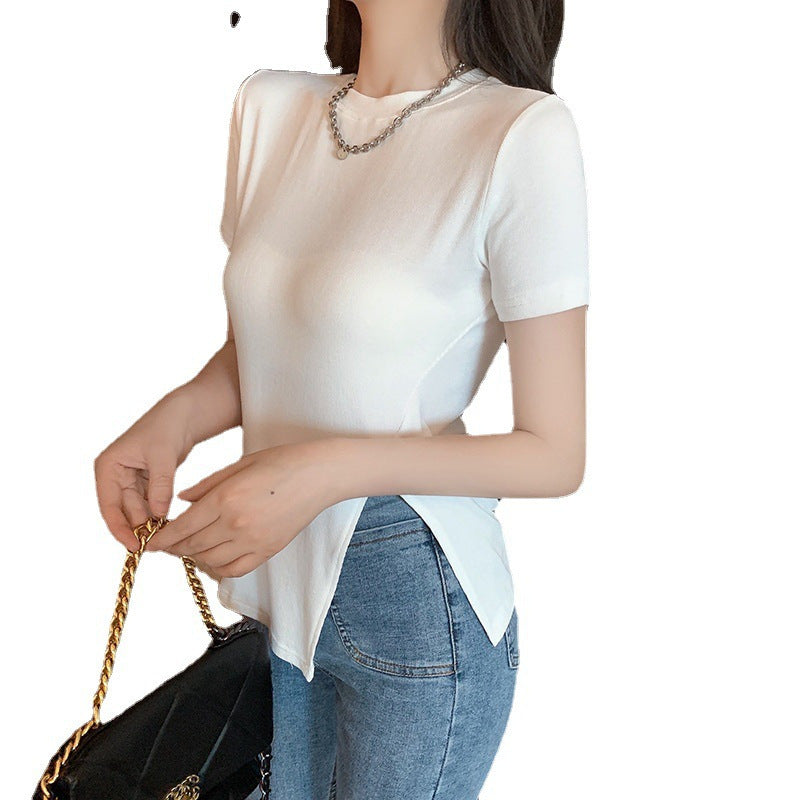 Women's elegant T-shirt with side slit and fitted cut