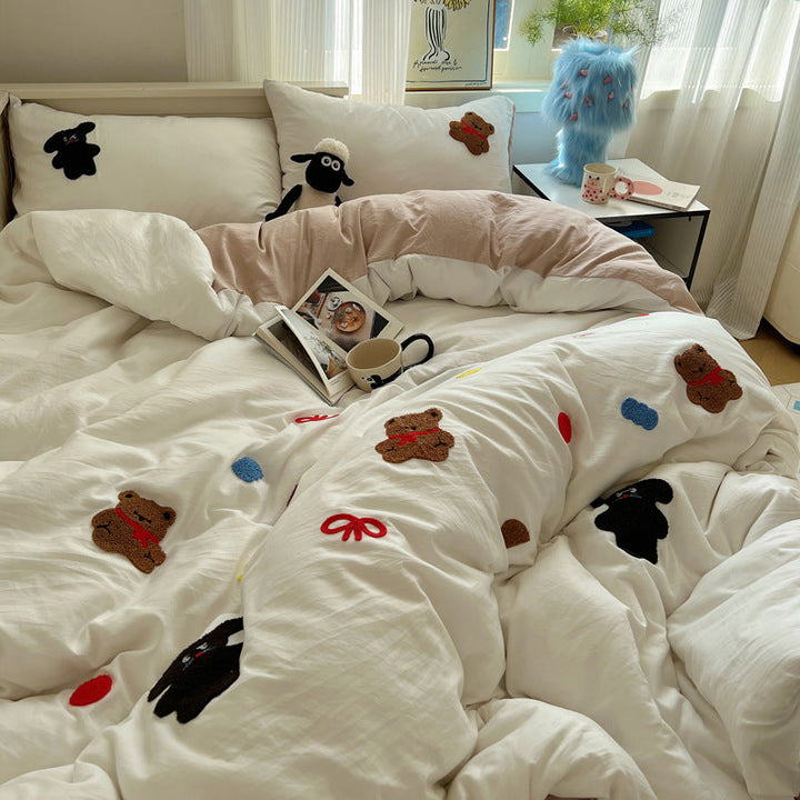 Rynx | Spring and Summer In the Girl's Heart Maillard Coffee Bear Towel Embroidered Washed Cotton Bed Sheet 1.5M Three or Four Piece Set 1.8