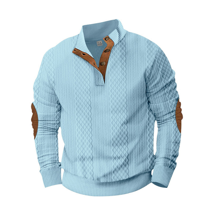 Men's knit sweater with innovative stand-up collar and modern leather appliqués Lisslune