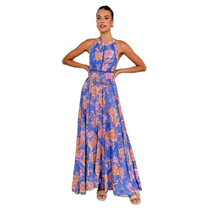Women’s maxi dress with elegant floral design and flowing skirt