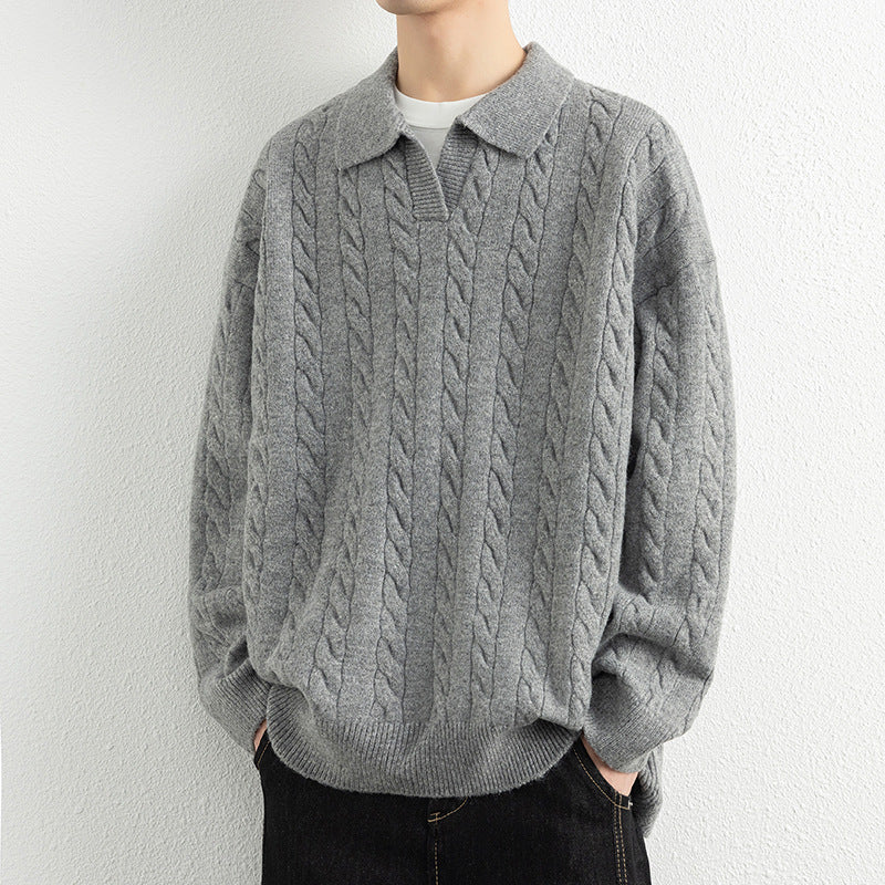 Men's knit sweater with nautical cable pattern and classic collar Lisslune