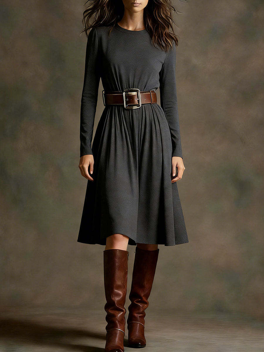 Women Elegant Dress with Long Sleeve and Waist Belt Lisslune