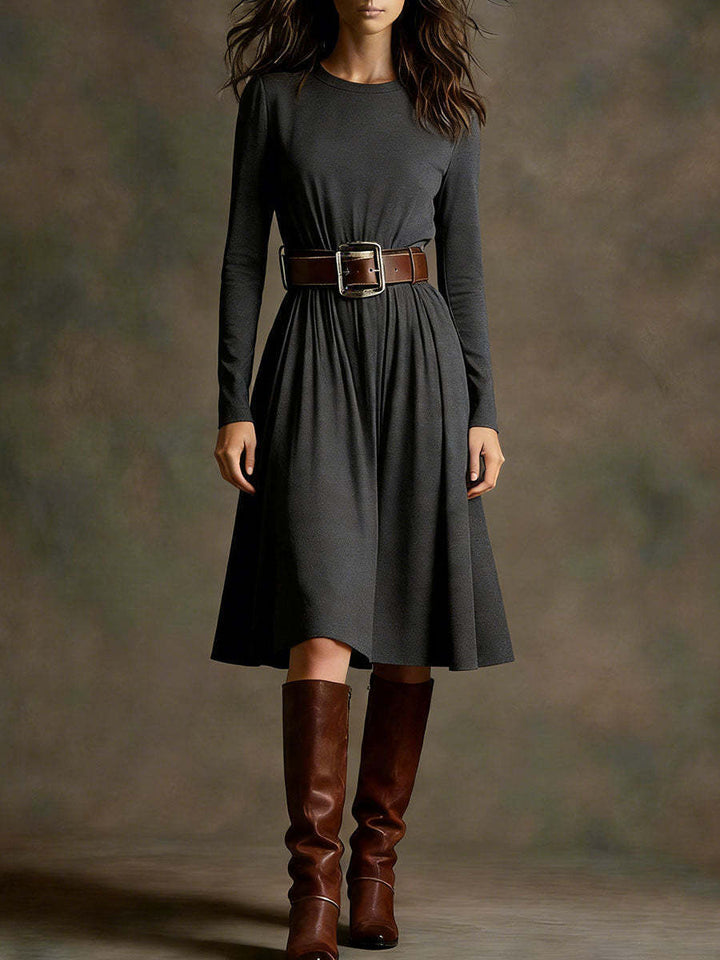 Women Elegant Dress with Long Sleeve and Waist Belt Lisslune