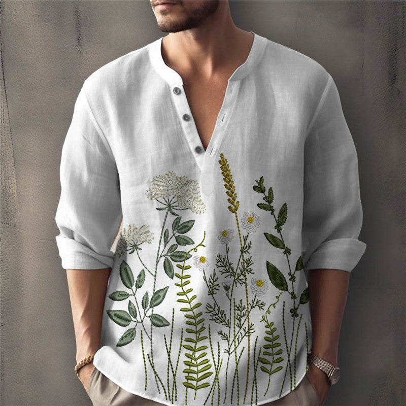 Men's linen shirt with elaborate plant embroidery Lisslune