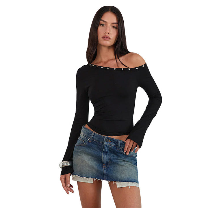 Women's Off-Shoulder Top with Fashionable Buttons and Figure-Hugging Cut