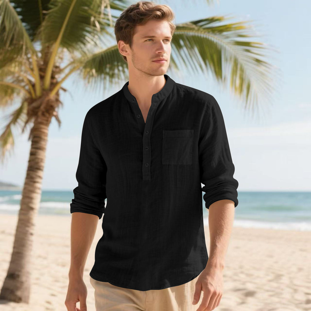 Men's Casual Long Sleeve Shirt with Stand-Up Collar and Practical Chest Pocket Lisslune