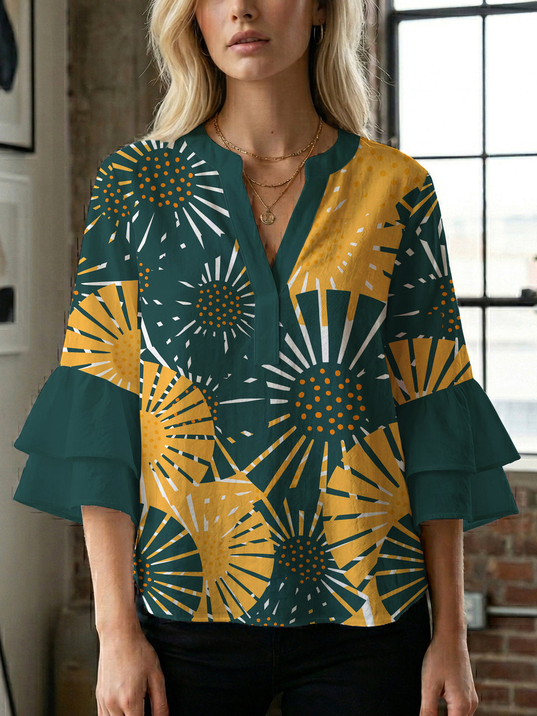 Women's flower creation with voluminous ruffled sleeves Lisslune