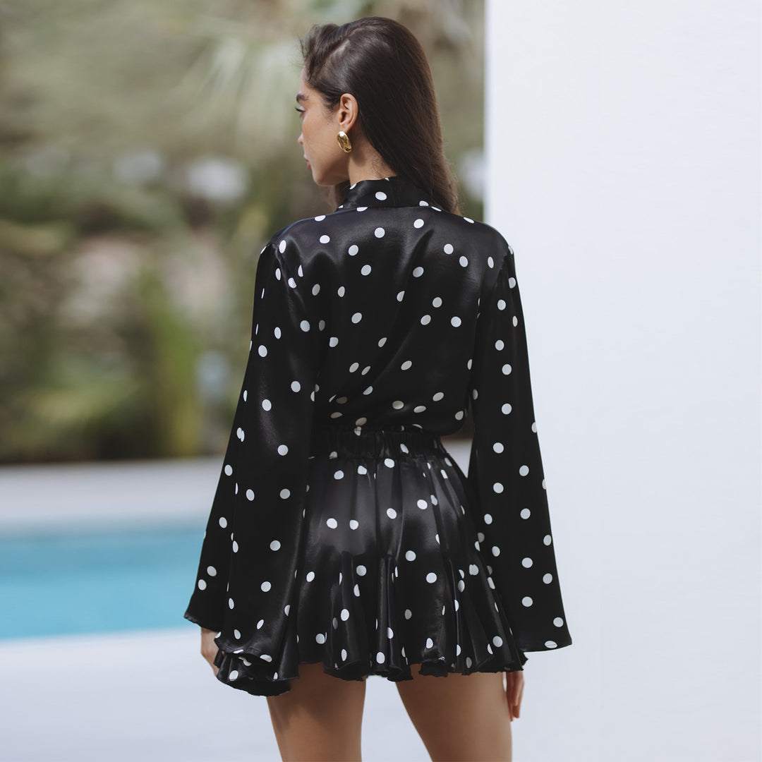 Women's Polka Dots Mini Dress with V-Neck and Wide Sleeve Lisslune