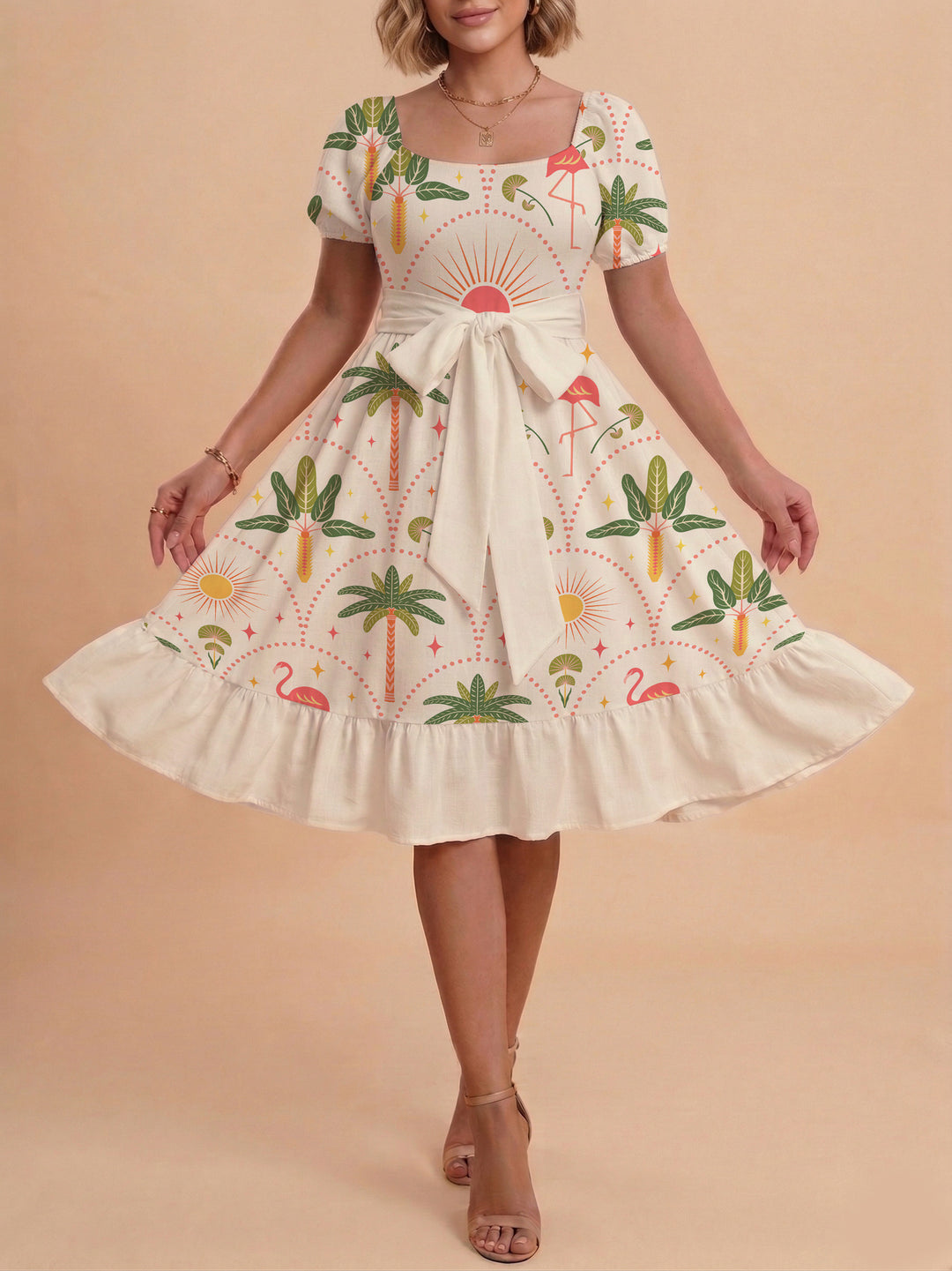 Women A-line dress with floral motifs and adjustable belt Lisslune