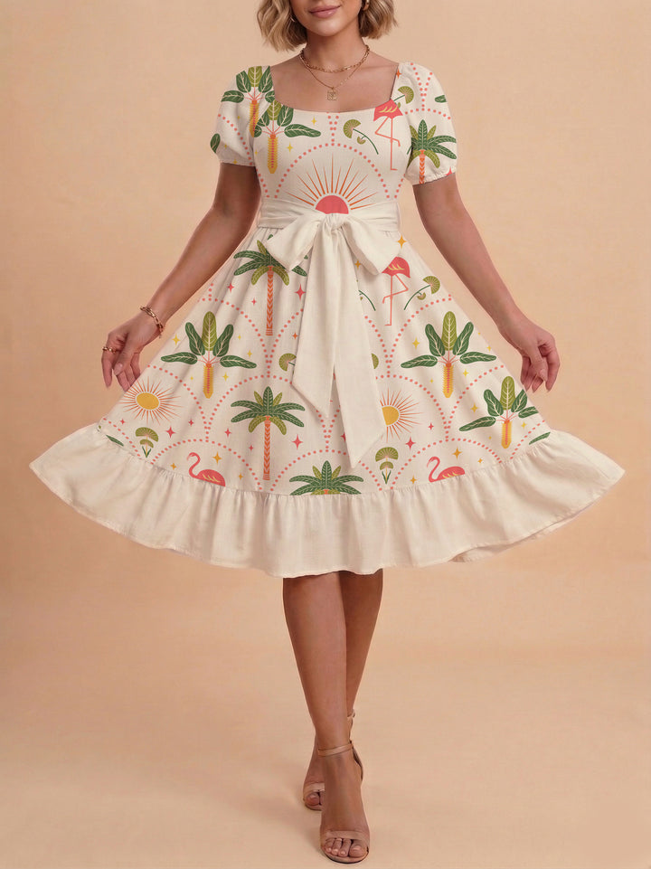 Women A-line dress with floral motifs and adjustable belt Lisslune