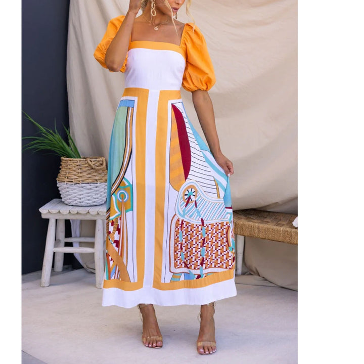 Ladies' maxi dress with creative art print and puff sleeves