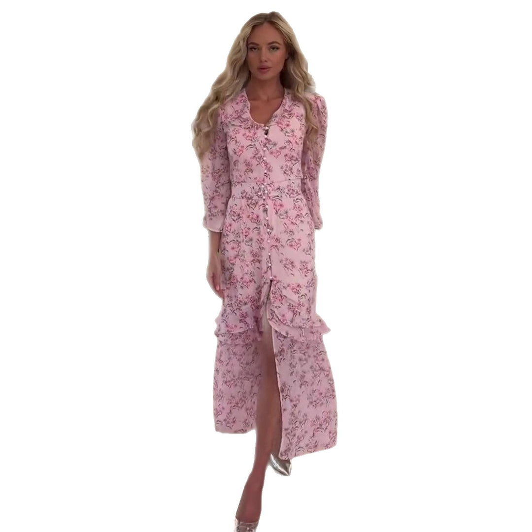 Ladies maxi dress with floral design and high neckline
