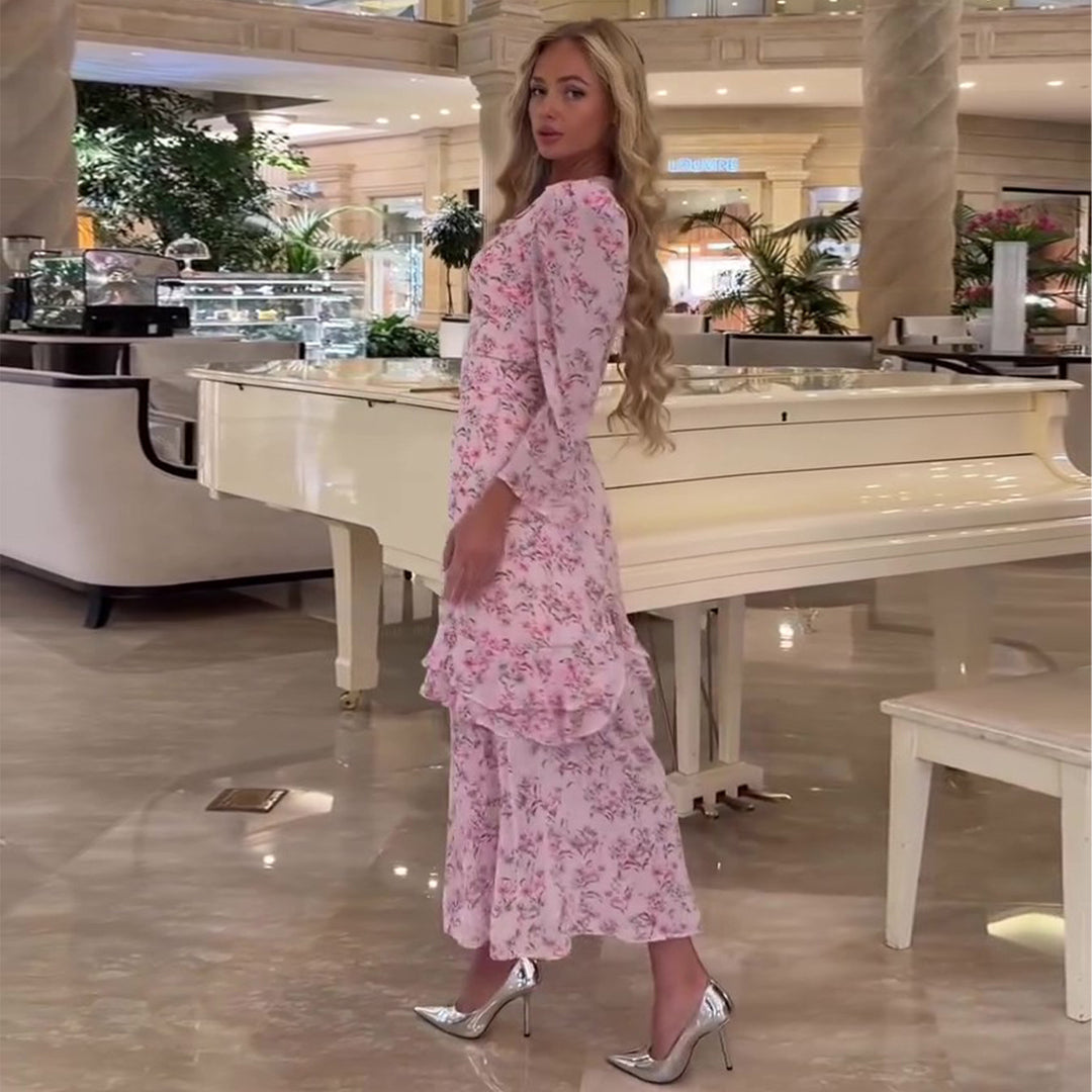 Ladies maxi dress with floral design and high neckline