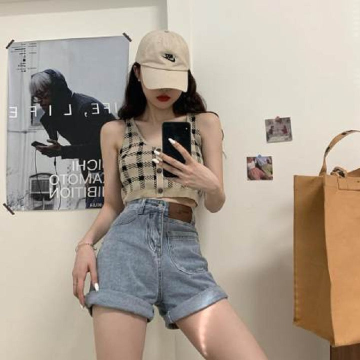 Women's Cropped Top with Check Pattern and Button Detail Lisslune