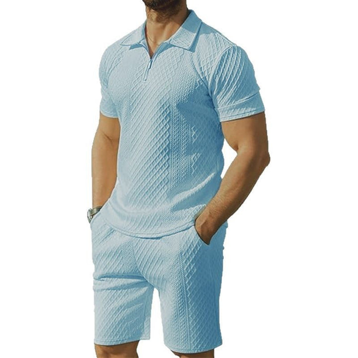 Men's sporty short sleeve set with zipper and knit pattern Lisslune