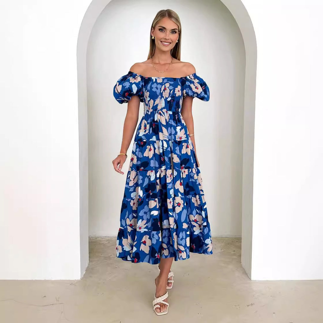 Women's maxi dress with puff sleeves and floral smocking