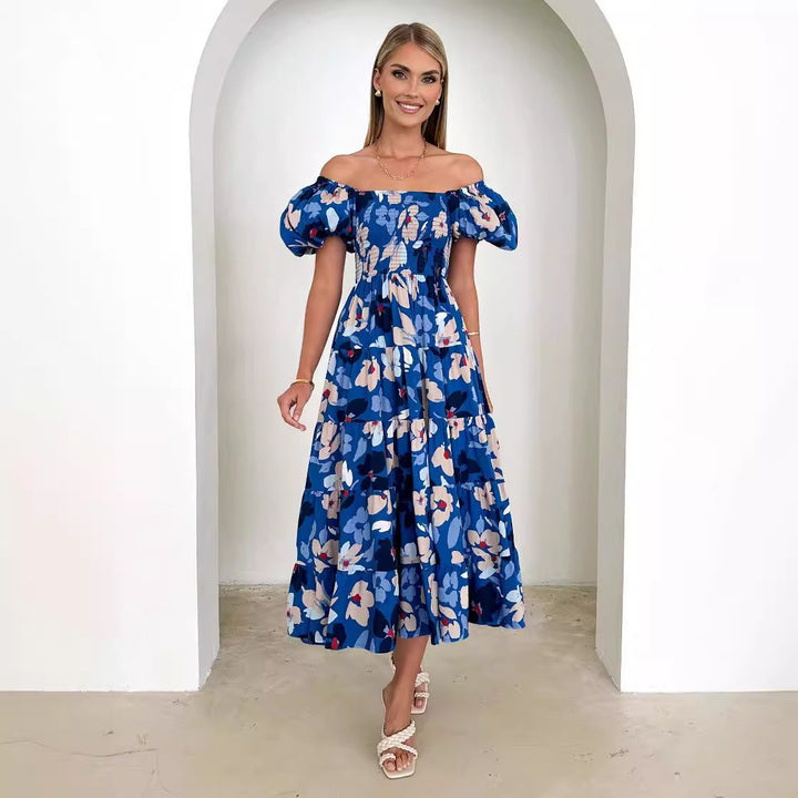 Women's maxi dress with puff sleeves and floral smocking