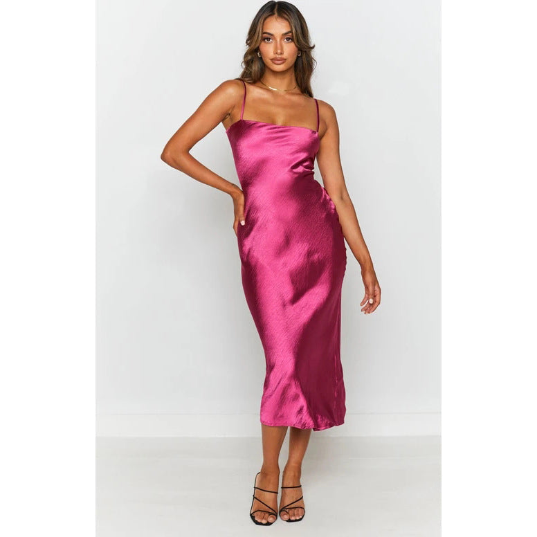Women's satin midi dress with narrow spaghetti straps and elegant cut Lune London