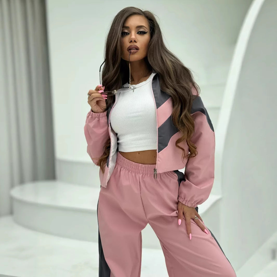 Women's sporty two-piece set with trendy zipper and contrasting color block elements Lisslune