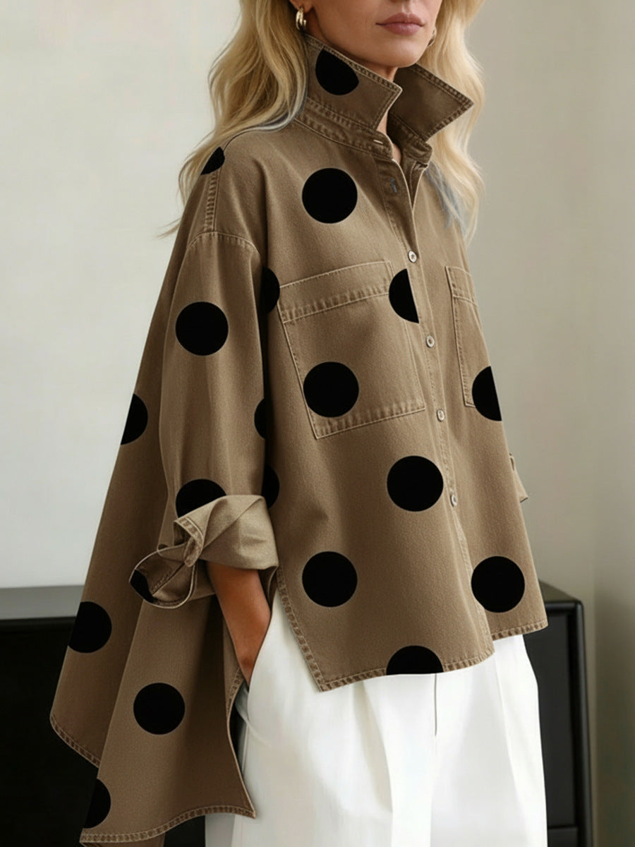 Women's Fashion Shirt Blouse with Extravagant Dots and Practical Pockets Lisslune