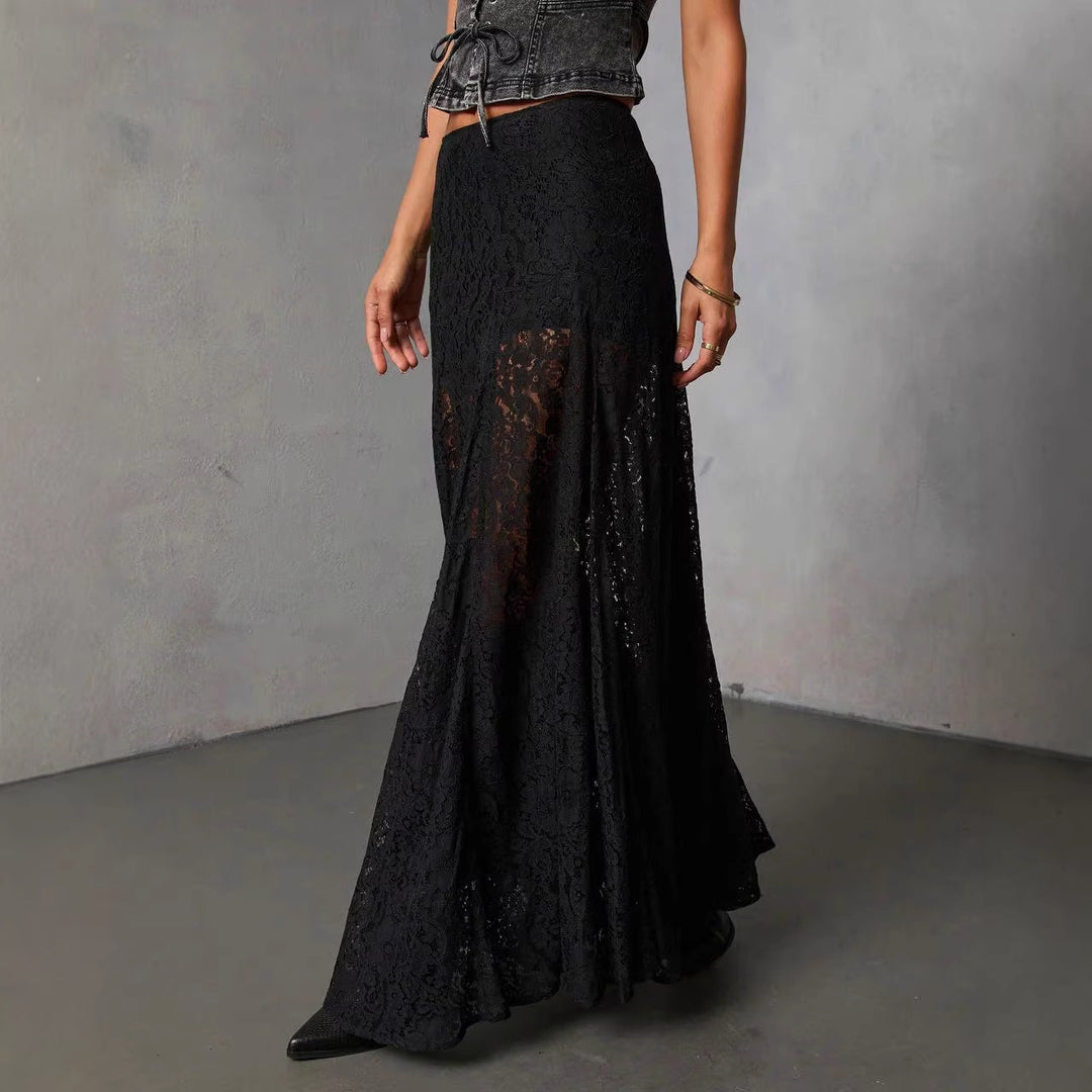 Women's Elegant Lace Maxi Skirt with Flowing Fall and Transparent Details Lisslune