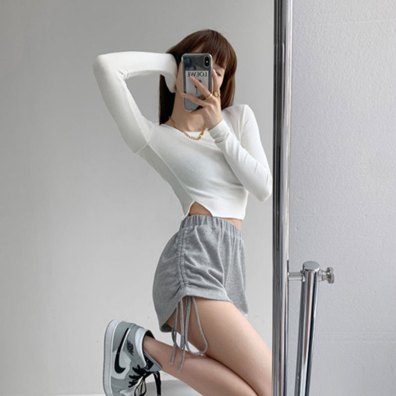 Women Cropped Long Sleeve Shirt with Modern Ribbed Details