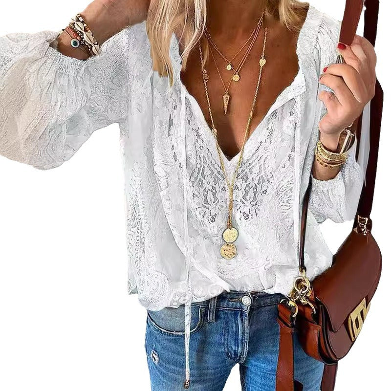 Women's elegant blouse with fine lace and deep V-neck Lisslune