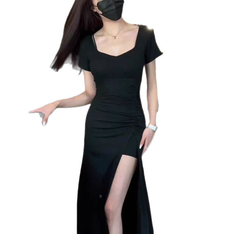 Women's form-fitting long dress with stylish gathering effect and high slit